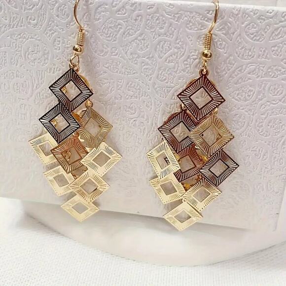 NEW Gold Dangle Earrings – Boho Chic Square Tassel with Hollow Out Design - Picture 4 of 4